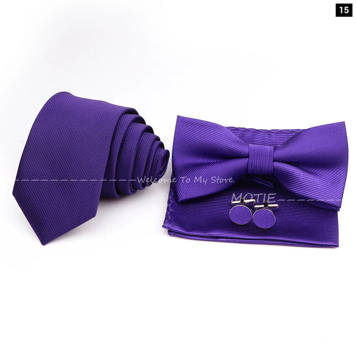 Tie Set Solid Colour Bowtie Handkerchief Brooch Cufflink For Business Weddings And Gifts