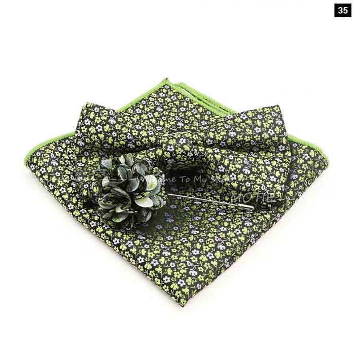 Blue Floral Pocket Square Set Bowtie Cufflink Brooch For Weddings