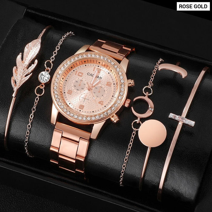 6pcs Set Women Rose Gold Luxury Quartz Watch Rhinestone