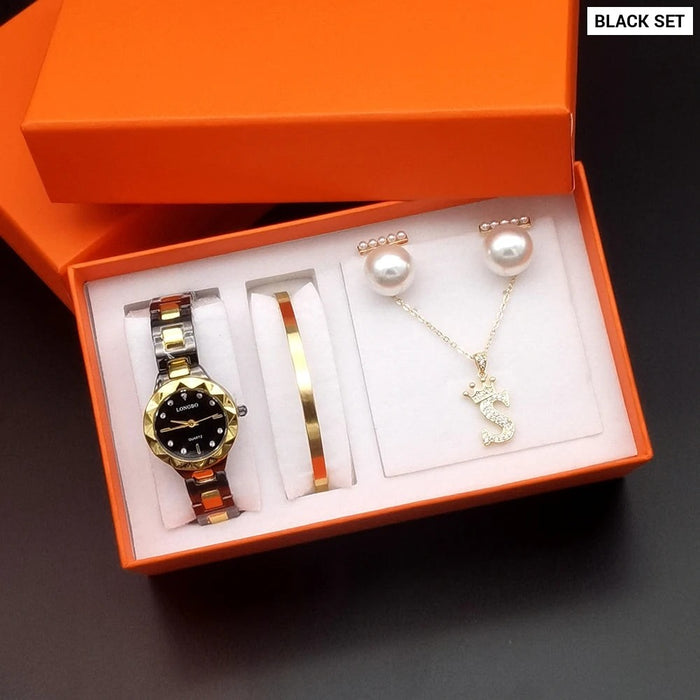 Womens Waterproof Quartz Watch 4Pcs Set With Accessory & Box