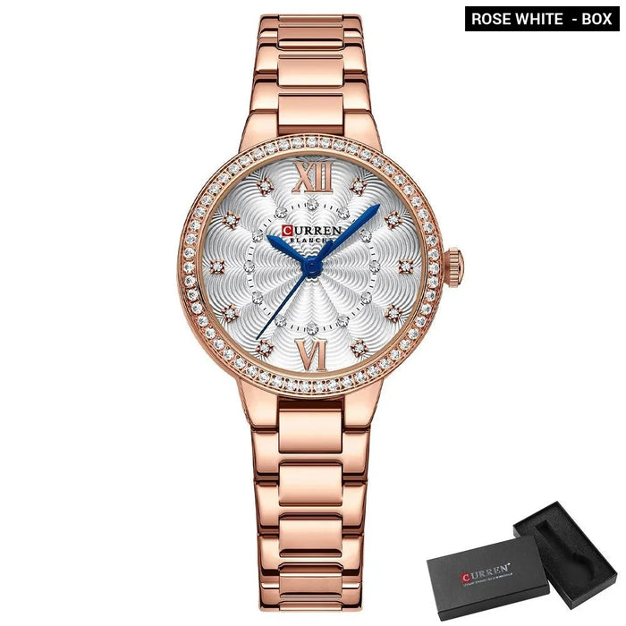 Quartz Wristwatches For Women Rhinestones Rose Dial Fashion Watches With Stainless Steel