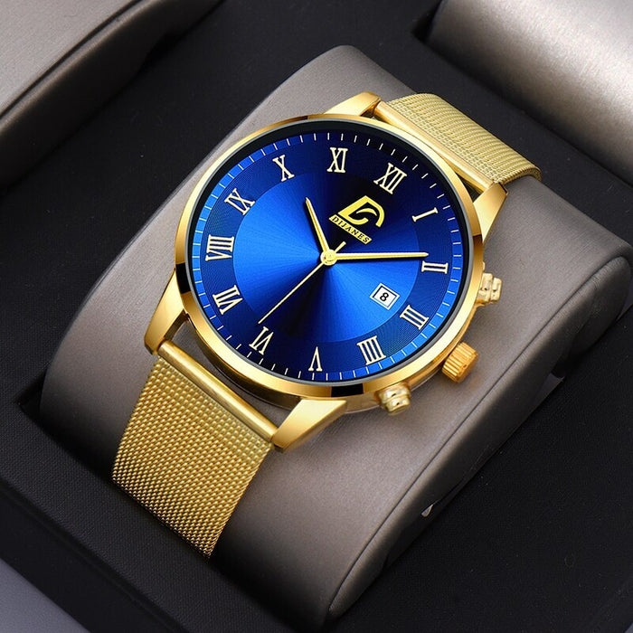 2PCS Set Fashion Mens Calendar Watches Luxury Men Business Gold Stainless Steel Mesh Belt Quartz Watch