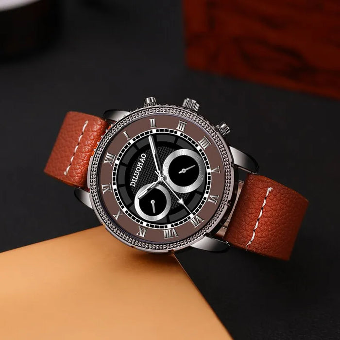 4PCS Set Fashion Mens Bracelet Watches For Men Military Retro Big Dial Quartz Wrist Watch Male Casual Brown Leather Strap Watch