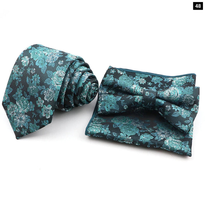 Green Floral Tie Set Classic Design Polyester For Weddings And Parties