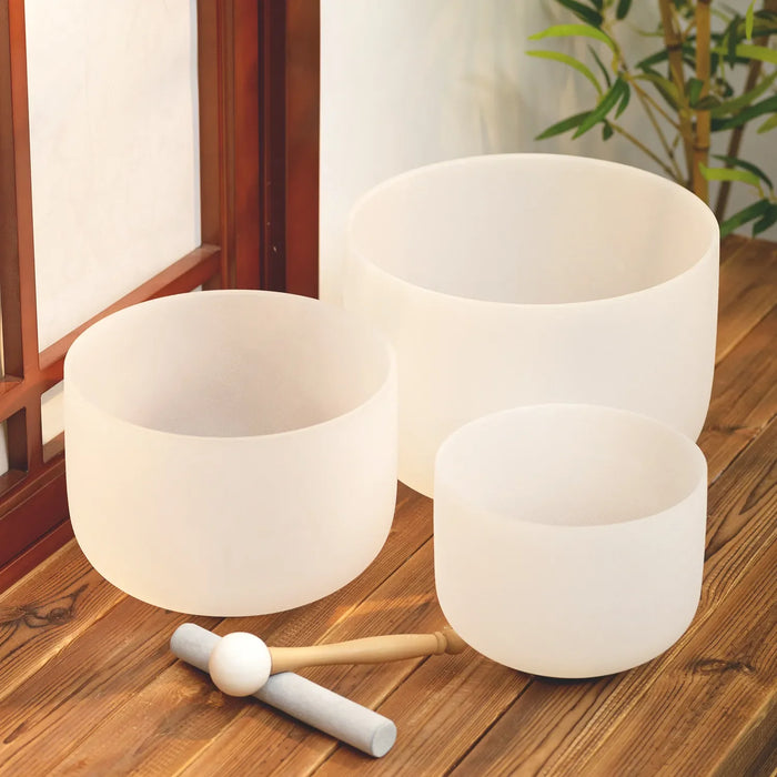 3 Pcs 8"B 10"E 12"C Crystal Singing Bowl Set With Heavy Duty Carrying Case Suede Stick Rubber Mallet and Oring For Yoga