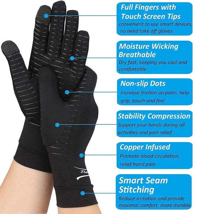 1 Pair Copper Full Finger Touch Screen Compression Gloves For Work Arthritis Pain