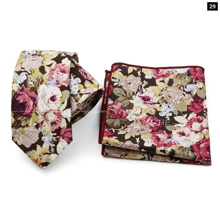 Floral Cotton Ties And Pocket Square Set For Business And Weddings