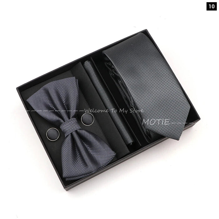 Premium Striped Tie Set Box Necktie Bowtie Handkerchief Cufflinks For Weddings And Suits