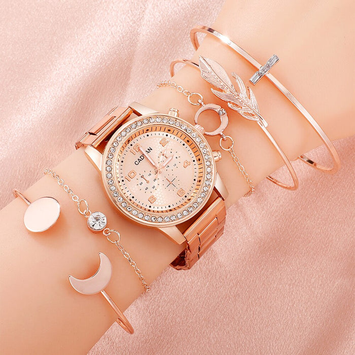 6Pcs Set Women Rose Gold Luxury Quartz Watch Rhinestone Fashion Wristwatch Casual Ladies Watches Bracelet Set Clock