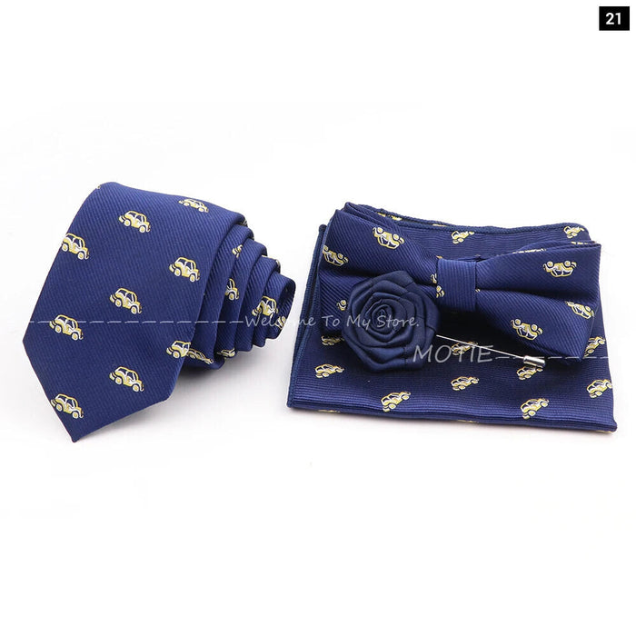 Cartoon Insect Tie Set Blue Bowtie Handkerchief Necktie For Men Business Party Casual Wear Gift