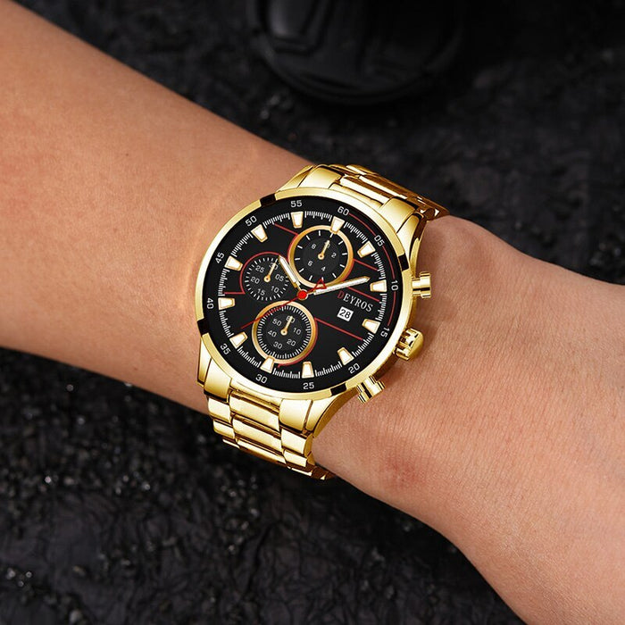 Men's Fashion Luxury Gold Stainless Steel Quartz Watches Man Calendar Sports Clock Male Luminous Watch Necklace Set