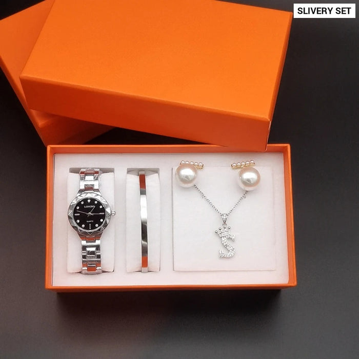 Womens Waterproof Quartz Watch 4Pcs Set With Accessory & Box