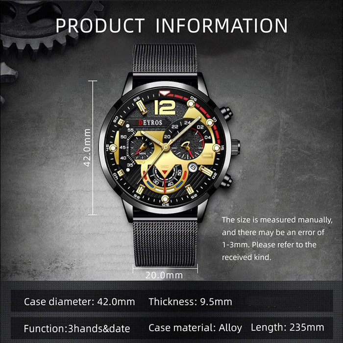 3PCS Fashion Men Calendar Watches Luxury Men Business Steel Mesh Belt Quartz Wristwatch Leather Bracelet Necklace Watch