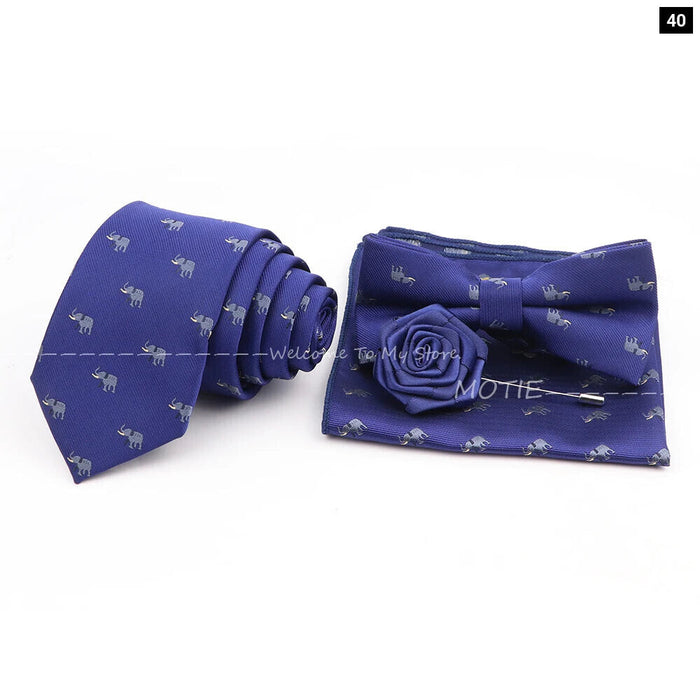 Cartoon Insect Tie Set Blue Bowtie Handkerchief Necktie For Men Business Party Casual Wear Gift