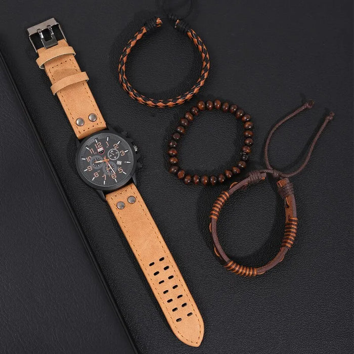 4PCS Set Fashion Mens Sports Bracelet Watches For Men Military Quartz Wrist Watch Classic Male Casual Leather Watch