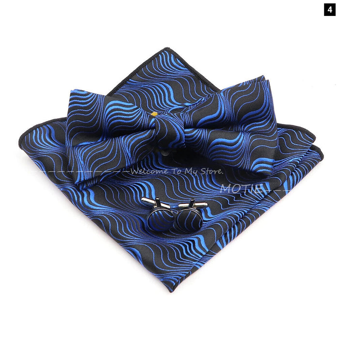 Blue Floral Pocket Square Set Bowtie Cufflink Brooch For Weddings