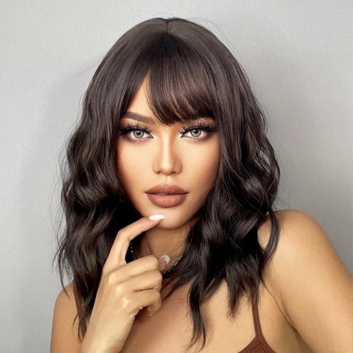 Dark Brown Wavy Bob Wig With Bangs