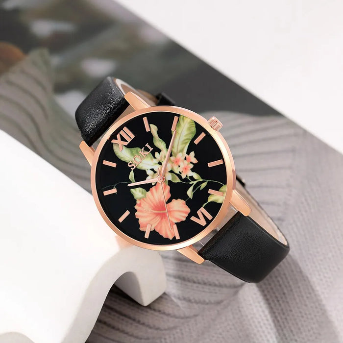 6Pcs Set Dainty Quartz Watches Simple Bracelet Women Leisure Casual Round Pointer Flowers Dial Watch Marbling Bracelet Set