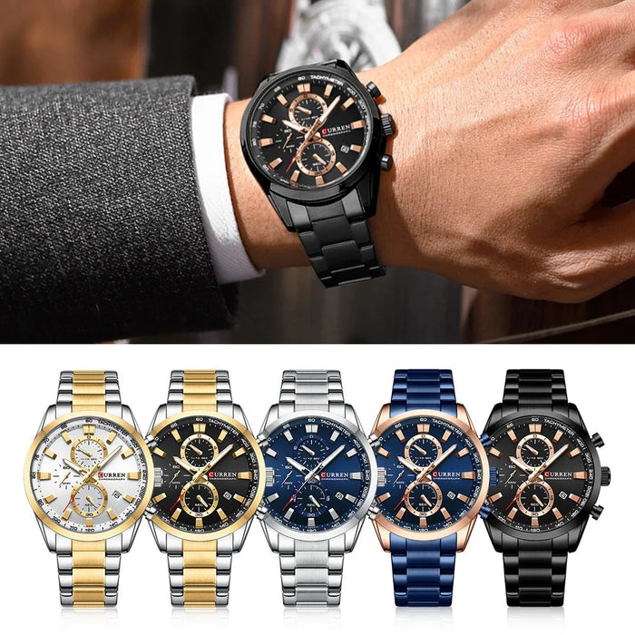 Multifunction Quartz Wristwatch With Sub-Dials Stainless Steel Bracelet Clock Diameter 44Mm