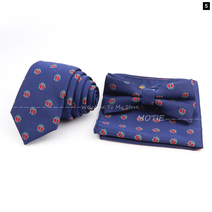 Cartoon Insect Tie Set Blue Bowtie Handkerchief Necktie For Men Business Party Casual Wear Gift