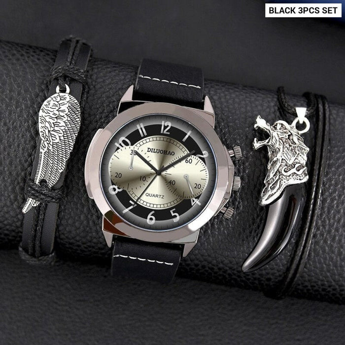 3PCS Set Fashion Mens Bracelet Necklace Watches Men Business Quartz Wrist Watch Classic Male Casual Leather Watch