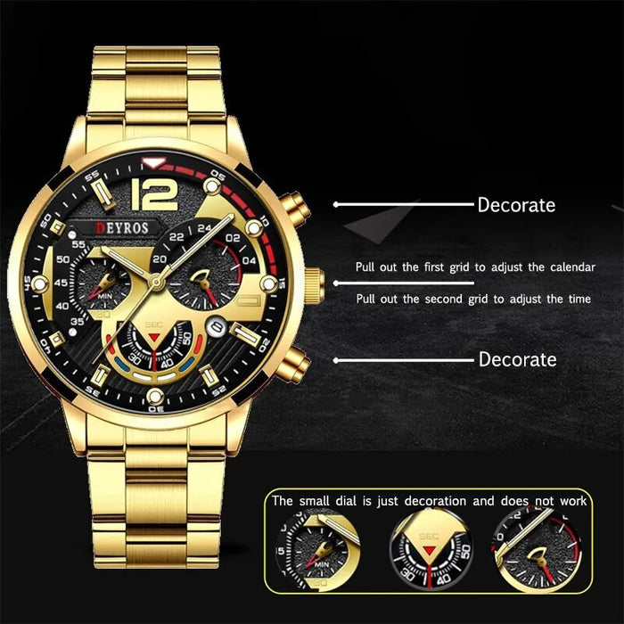 3PCS Set Fashion Mens Business Watches Male Casual Stainless Steel Quartz Wristwatch Men Gold