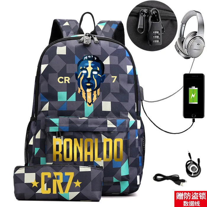 Ronaldo Printed Backpack With Usb And Lock 2 Piece Set