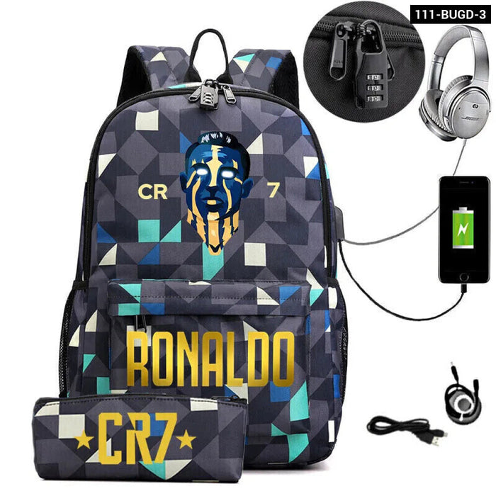 Ronaldo Printed Backpack With Usb And Lock 2 Piece Set