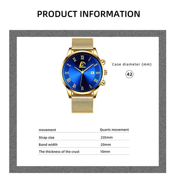 2PCS Set Fashion Mens Calendar Watches Luxury Men Business Gold Stainless Steel Mesh Belt Quartz Watch