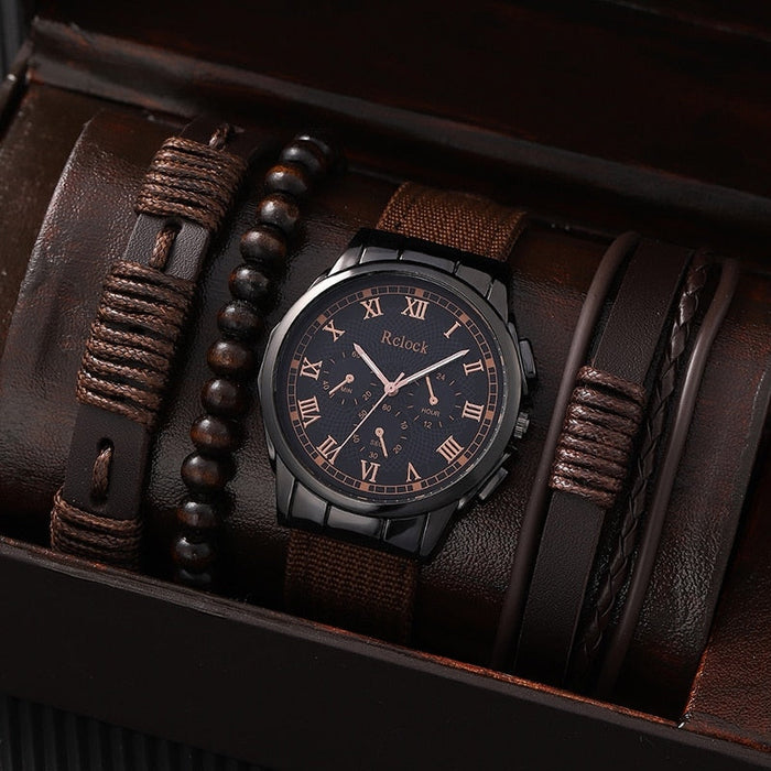 4pcs Brown Nylon Strap Quartz Watch With Bracelet For Men Casual Fashion Round Watch In Daily Sport