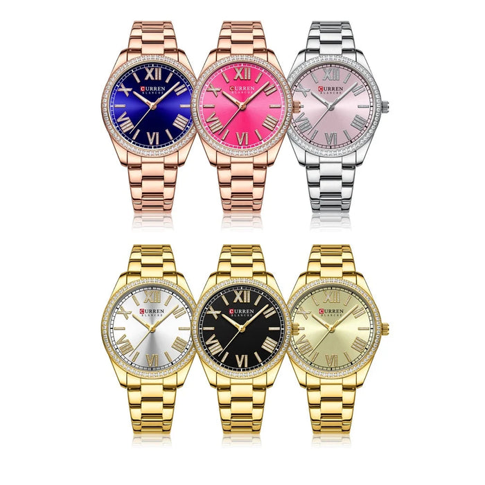 Stainless Steel Rhinestones Roman Numeral Dial Ladies Wristwatches