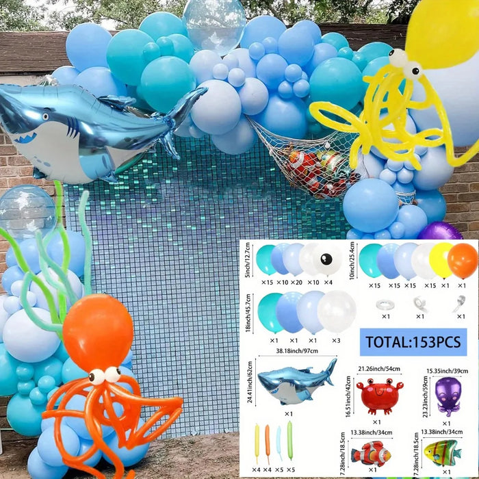 153Pcs Ocean Themed Birthday Party Balloon Set Shark Bubble Fish Clownfish Crab Octopus Themed Party Celebration Decoration