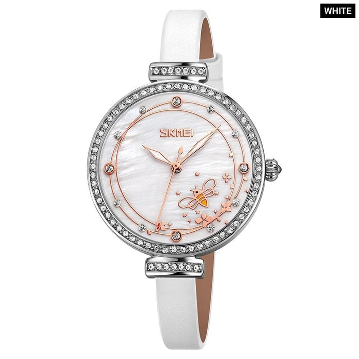 Women's PU Band Leather Analog Display Quartz 3ATM 30M Water Resistant Diamond Studded Wristwatch