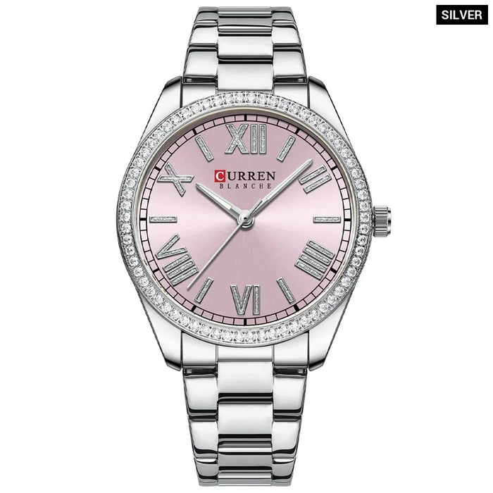 Stainless Steel Rhinestones Roman Numeral Dial Ladies Wristwatches