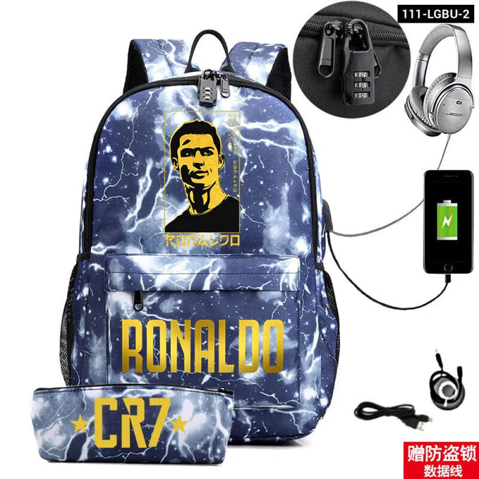 Ronaldo Printed Backpack With Usb And Lock 2 Piece Set