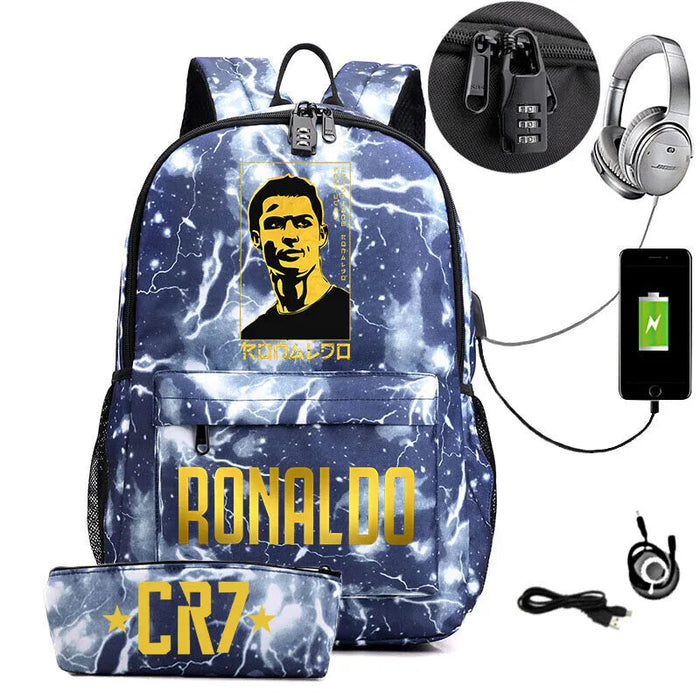 Ronaldo Printed Backpack With Usb And Lock 2 Piece Set