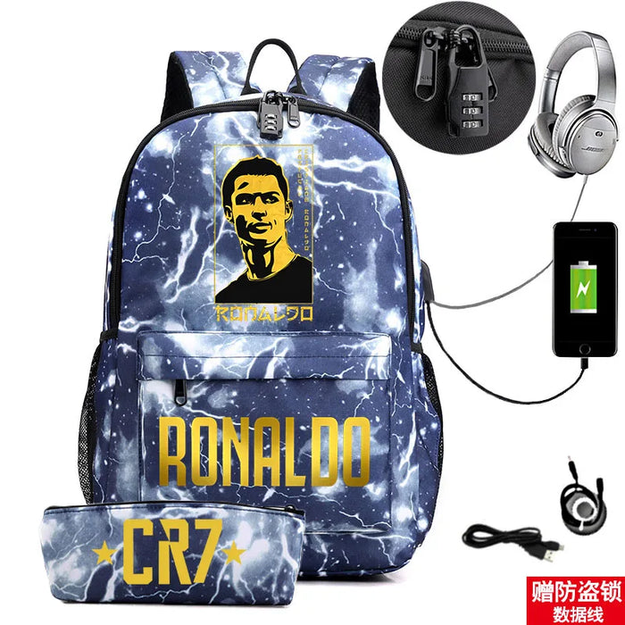 Ronaldo Printed Backpack With Usb And Lock 2 Piece Set