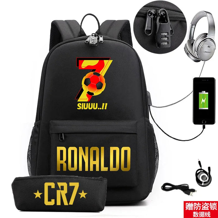 Ronaldo Printed Backpack With Usb And Lock 2 Piece Set