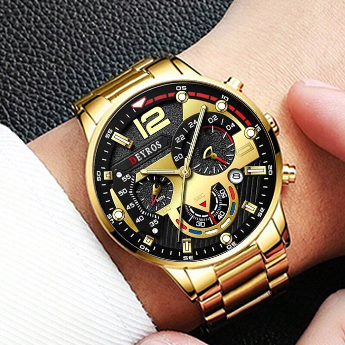 3PCS Set Fashion Mens Business Watches Male Casual Stainless Steel Quartz Wristwatch Men Gold