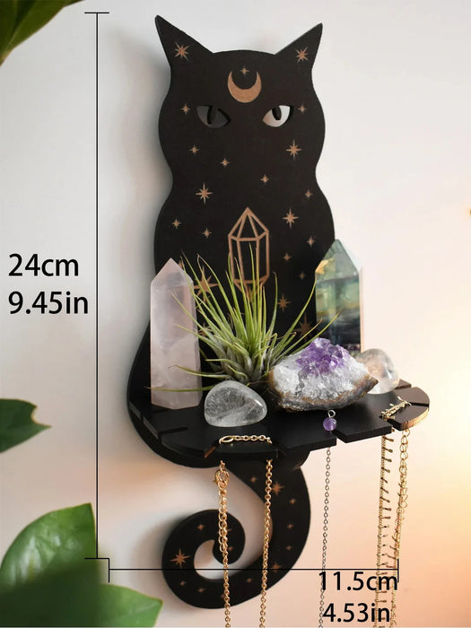 Wooden Cat Wall Shelf With Crystal Display