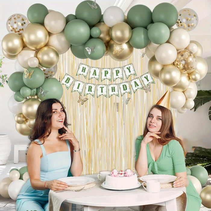 118Pcs Sage Green Decoration Set Gold Rain Curtain Suitable For Engagement Proposal Birthday Mother'S Day Anniversary Decoration