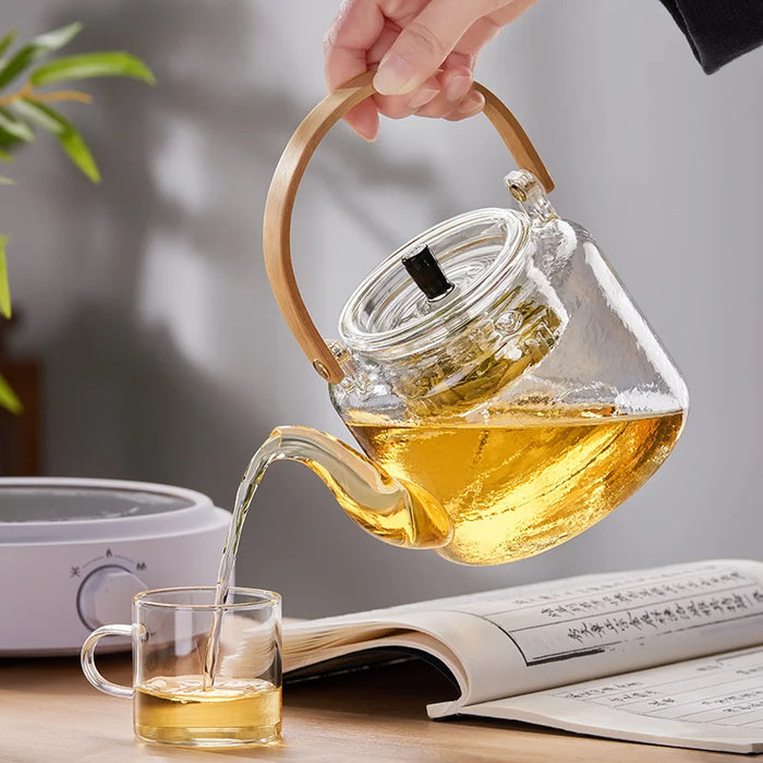 Double Filter Glass Tea Pot Set With Bamboo Handle
