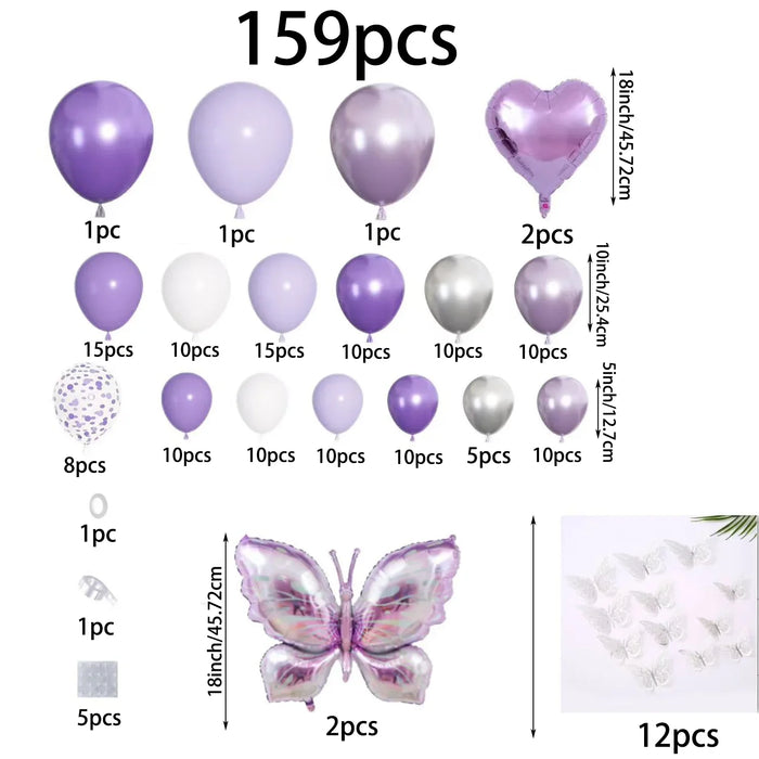 159Pcs Purple Butterfly Balloon Arched Wreath Set For Bathing Brides Wedding Shower Birthday Party Gender Reveal Decoration