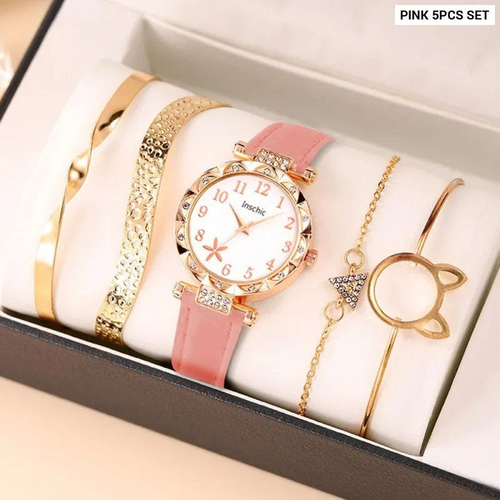 5Pcs Set Fashion Women Business Watches Simple Ladies Dress Leather Quartz Watch Womens Bracelet Wristwatch