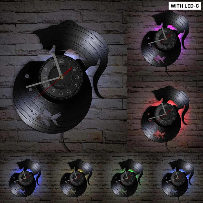 Real Vinyl Record Cat Fishbowl Wall Clock