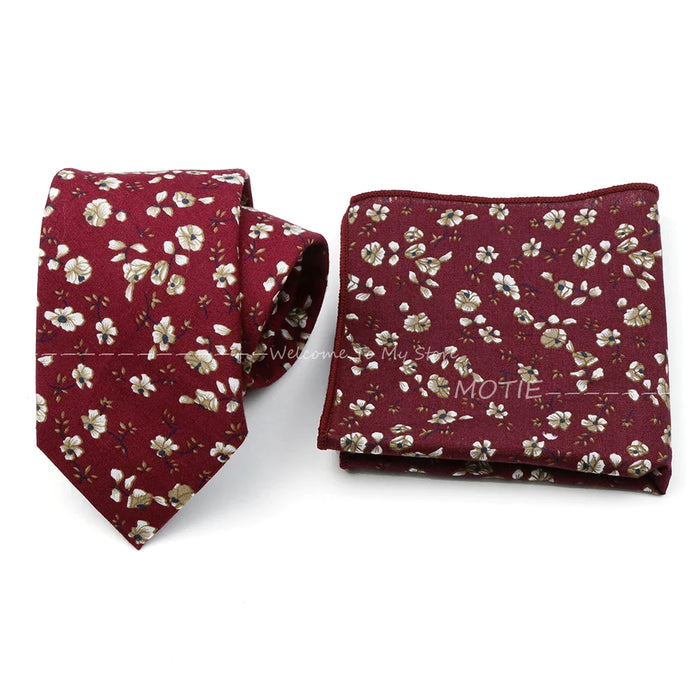 Floral Cotton Ties And Pocket Square Set For Business And Weddings