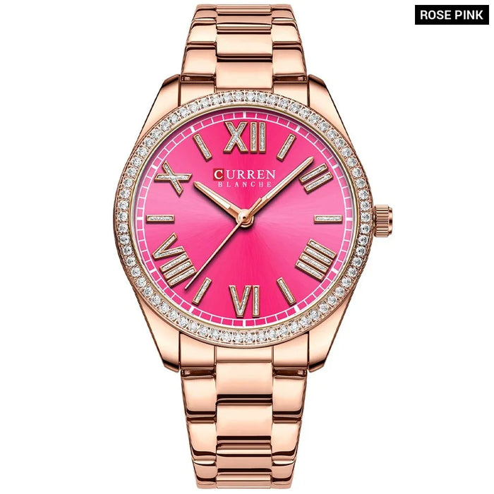 Stainless Steel Rhinestones Roman Numeral Dial Ladies Wristwatches