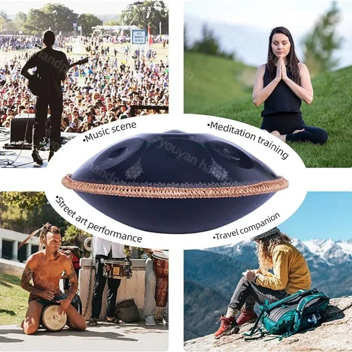 432/440Hz 22 Inch D Minor Blue Steel Tongue Engraved Hand Pan Drum For Yoga & Meditation