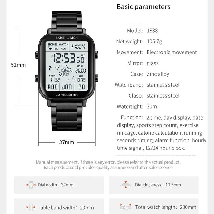 Men's Stainless Steel Band Analog Date Calendar Display Digital 3ATM 30M Water Resistant Wristwatch