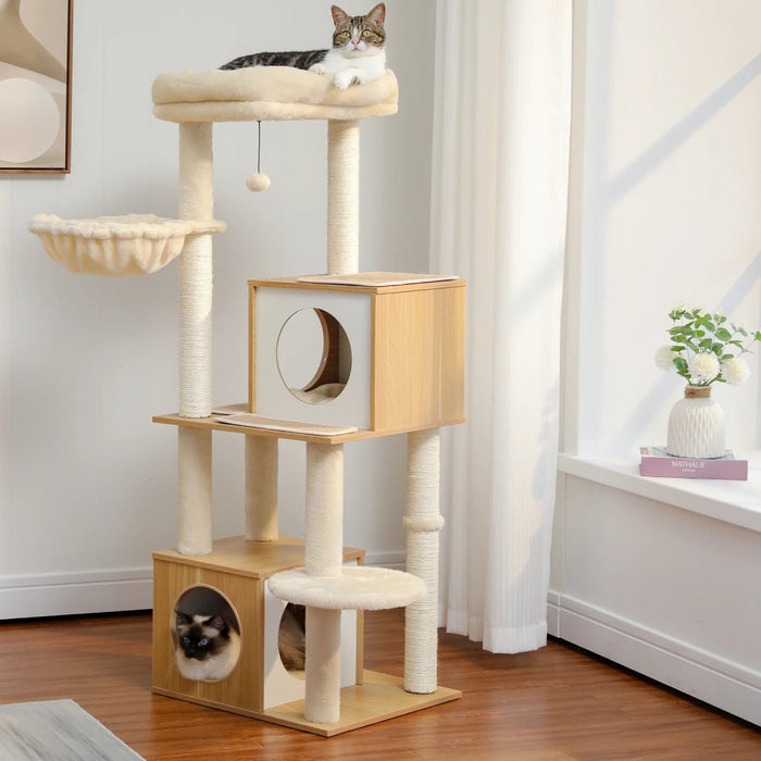 130Cm Wooden Cat Tree Double Condos Sisal Post